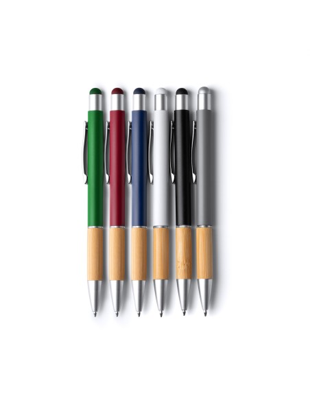 Metal ballpoint pen with bamboo body and touch stylus - Olten