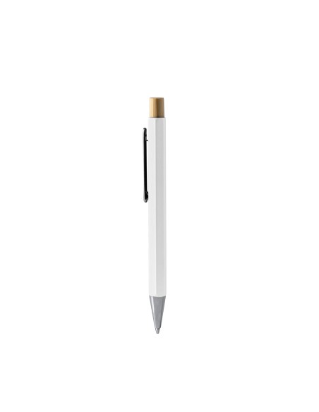 Hexagonal metal ballpoint pen with bamboo push button - SALOM