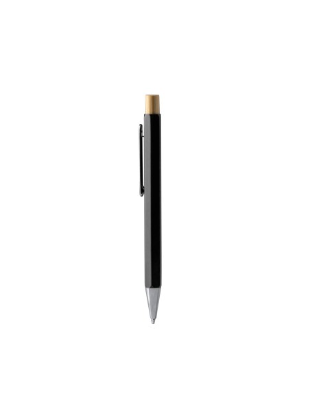Hexagonal metal ballpoint pen with bamboo push button - SALOM