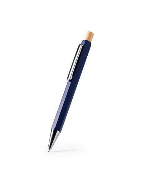 Hexagonal metal ballpoint pen with bamboo push button - SALOM