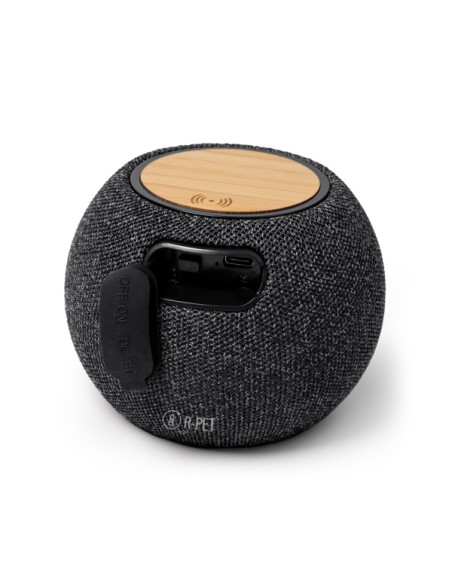 Round Wireless Speaker with Bamboo Body and RPET Recycled Polyester - BANDINI