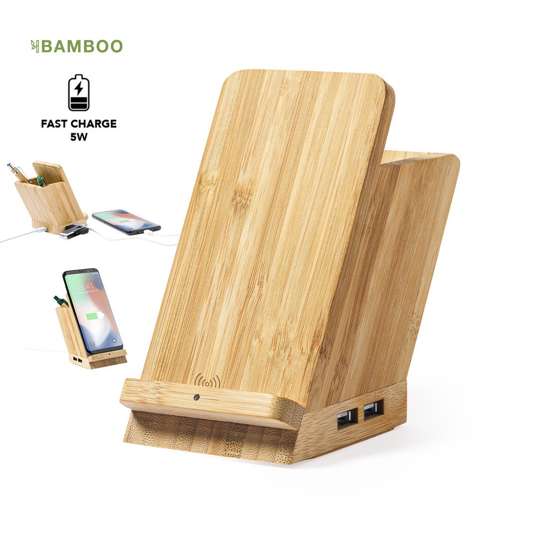 Soporte Cargador Inalámbrico Ecológico de Bambú para Personalizar con