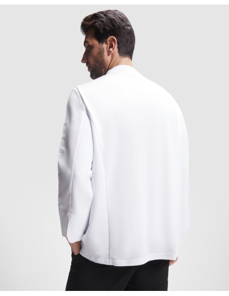 back view of the customizable chef's work jacket with corporate image. back view of the customizable chef's work jacket with corporate image.