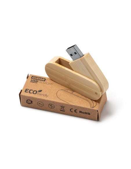 View of the customizable 16GB USB with a bamboo casing and individual kraft cardboard presentation box View of the customizable 16GB USB with a bamboo casing and individual kraft cardboard presentation box