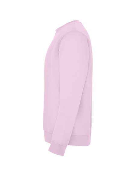 Side view of a customizable classic light pink crew neck sweatshirt