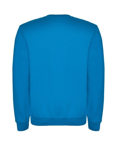 Back view of a customizable classic crew neck sweatshirt in ocean blue