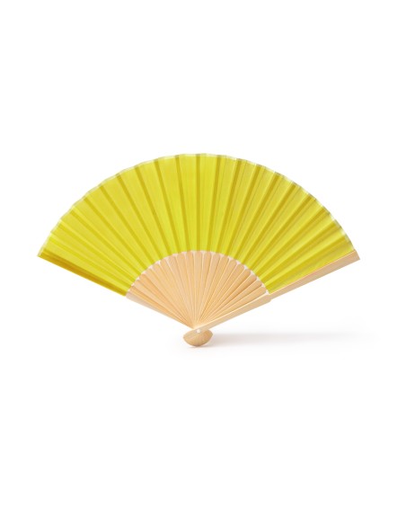 Yellow promotional fan with company logo