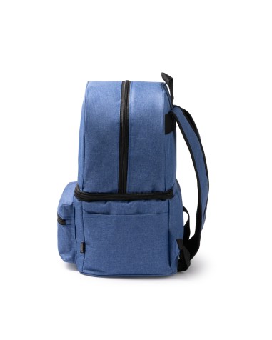 Side view of the customizable isothermal cooler backpack with the SOLOY logo