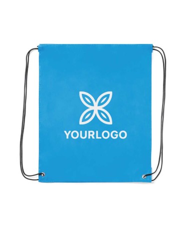 Personalized blue drawstring backpack with black drawstring closure