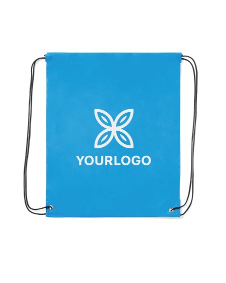 Personalized blue drawstring backpack with black drawstring closure