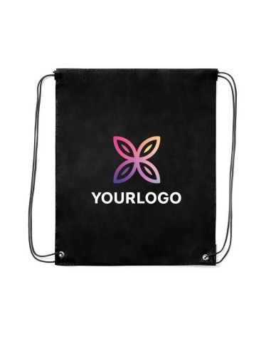 Durable black drawstring backpack with reinforcements and elegant design for corporate gifts