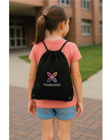 Girl with a drawstring backpack bag on her back, personalized in full color