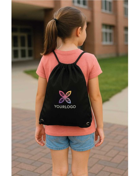 Girl with a drawstring backpack bag on her back, personalized in full color