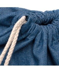 Recycled denim drawstring backpack personalized with the Yu logo 2