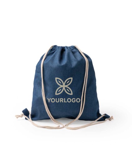 Recycled denim drawstring backpack personalized with the Yu logo