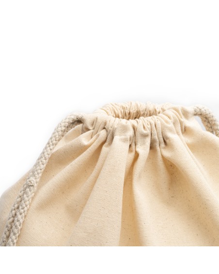 Détail de la fermeture à cordon du sac à dos à cordon en coton biologique BARONE. Cadeaux personnalisés de PromoRegals.