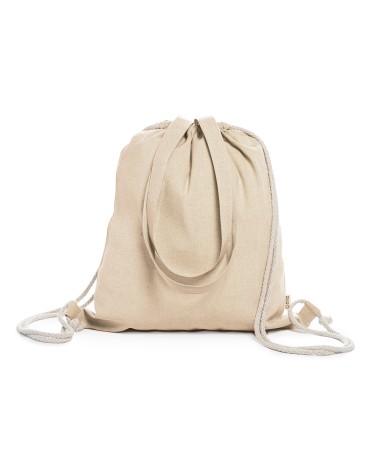 Customizable recycled cotton gym sack backpack with long handles in natural color