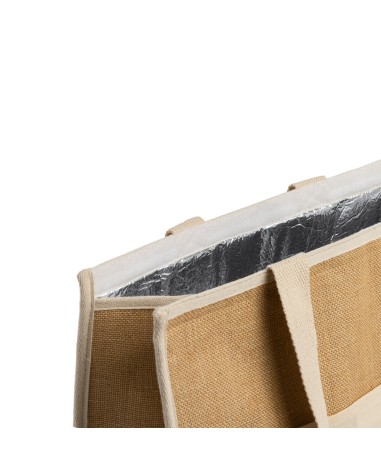 Détail de l'intérieur du sac isotherme en jute et coton