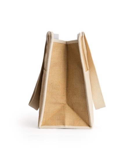 Side view of the jute and cotton bag with isothermal interior