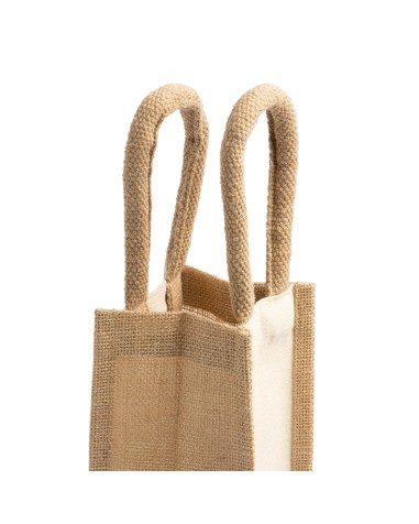 detall de les nanses de la bossa de jute personalitzable per a ampolles gourmet