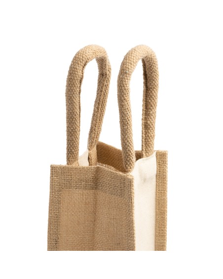 detalle de las asas de la bolsa de yute personalizable para botellas gourmet