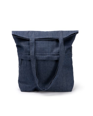 Shopping bag made of recycled denim with long handles