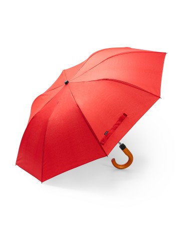 Folding umbrella with a wooden handle and recycled fabric to personalize your brand