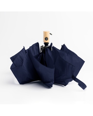 Folding merchandising umbrella with wooden handle