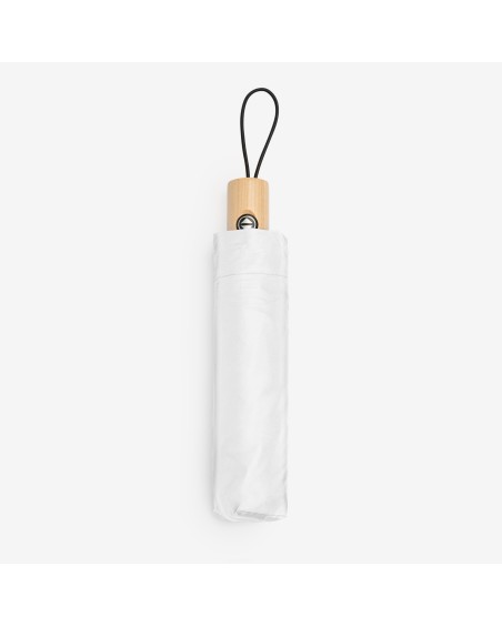 Paraguas plegable con mango de madera blanco para poner tu logo