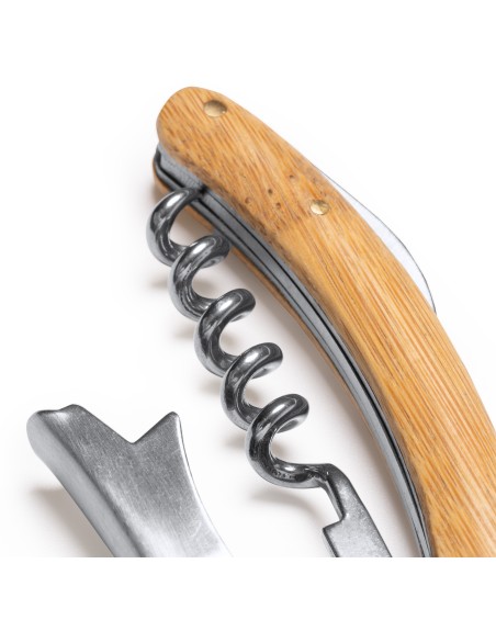Detail view of the merchandising corkscrew made of bamboo and stainless steel.