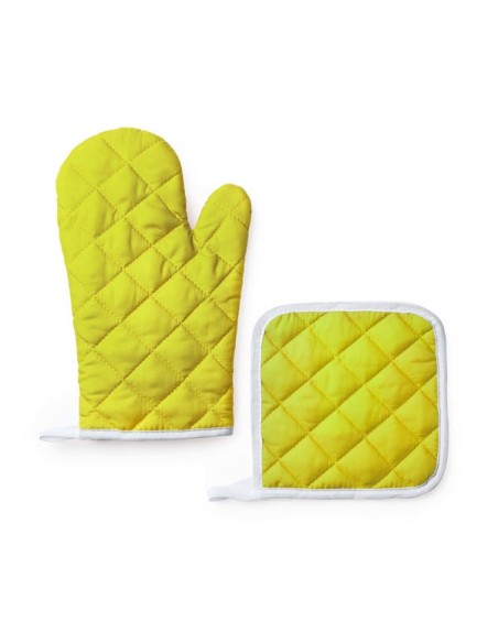 Customizable yellow oven mitt and potholder set