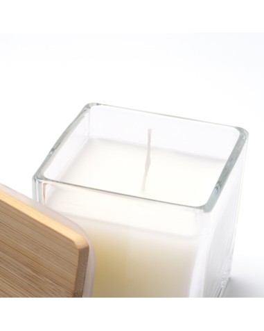 Vela cuadrada con tapa de bambú en recipiente de cristal aroma vainilla personalizada Vela cuadrada con tapa de bambú en recipiente de cristal aroma vainilla personalizada