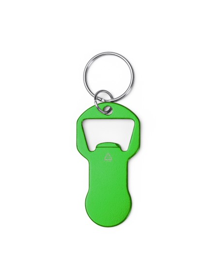 Promotional keychain for shopping carts and bottle opener in green Promotional keychain for shopping carts and bottle opener in green