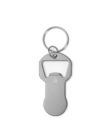 Shopping cart coin and bottle opener on customizable gray keychain Shopping cart coin and bottle opener on customizable gray keychain