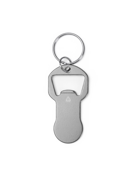 Shopping cart coin and bottle opener on customizable gray keychain Shopping cart coin and bottle opener on customizable gray keychain