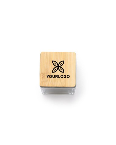 Espelma aromàtica en pot de vidre i tapa de bambú personalitzada amb el teu logo Espelma aromàtica en pot de vidre i tapa de bambú personalitzada amb el teu logo