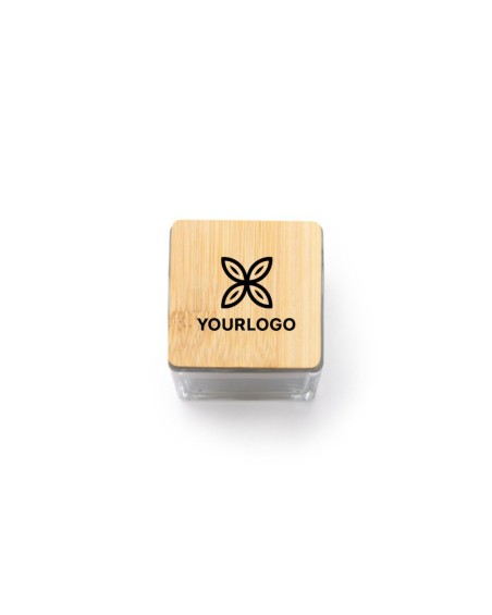 Bougie parfumée dans un pot en verre avec couvercle en bambou, personnalisée avec votre logo.