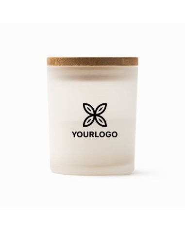 espelma amb aroma de vainilla en got de vidre i tapa de bambú personalitzada amb el teu logo espelma amb aroma de vainilla en got de vidre i tapa de bambú personalitzada amb el teu logo