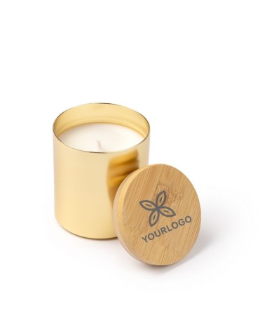 Candle in an aluminum container with a bamboo lid personalized with your logo Candle in an aluminum container with a bamboo lid personalized with your logo