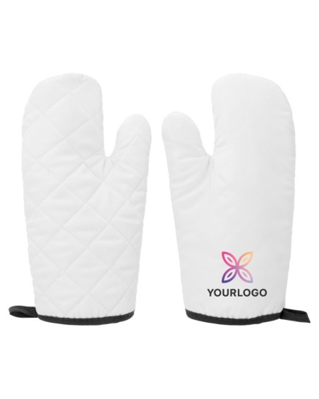 White oven mitt with a choice of colored trim, personalized with your full-color logo.
