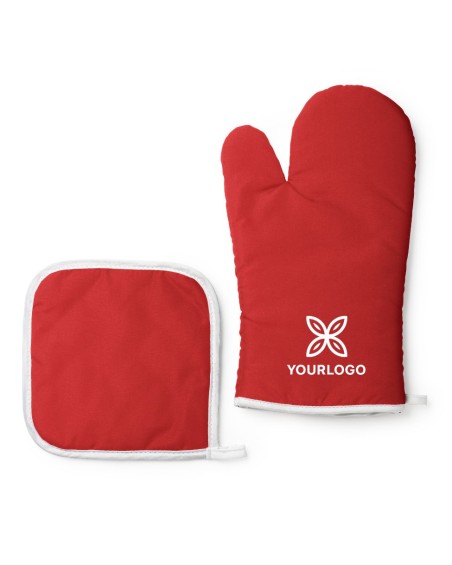 Red oven mitt and pot holder with white trim, with the option to print your logo on the mitt.