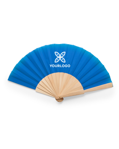 Abanico CALESA personalizado con varillas de madera y tela color azul claro