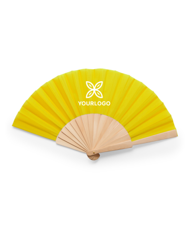 Personalized CALESA fan with wooden sticks and yellow fabric