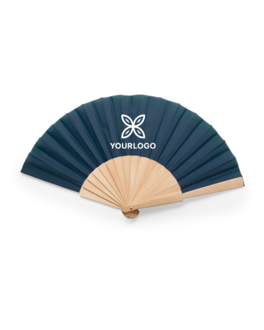 Abanico CALESA personalizado con varillas de madera y tela color azul marino