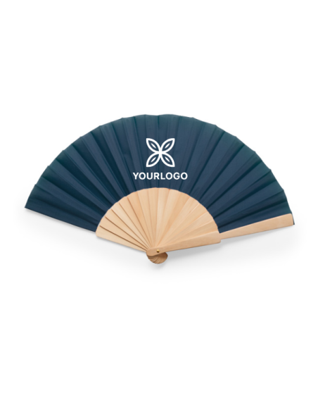 Abanico CALESA personalizado con varillas de madera y tela color azul marino