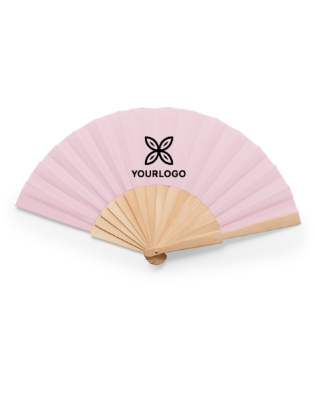 Ventall CALESA personalitzat amb varetes de fusta i tela color rosa