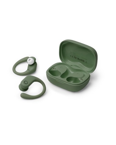 Wireless sports headphones with charging case, green