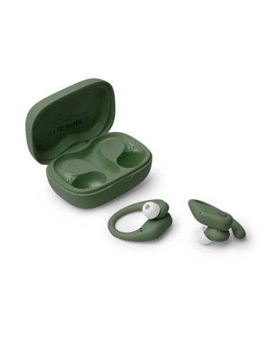 Vue des écouteurs sans fil ergonomiques, boîte ouverte et écouteurs verts.