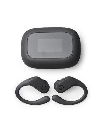 Black wireless headphones with storage and charging case