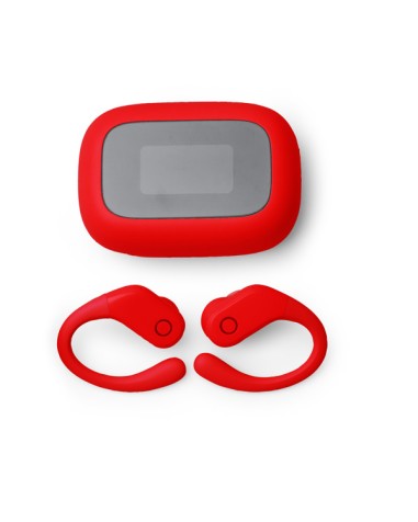 auriculars de color vermell bluetooth, amb caixa de càrrega personalitzables.